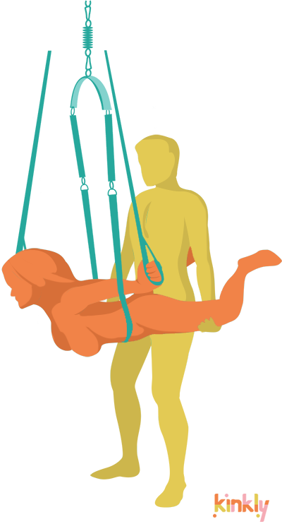 Doggy in Space Sex Position. The receiving partner is "laying", facedown in the air with the help of a sex swing. The penetrating partner is standing behind the receiving partner to help support their lower body while the upper body is supported by the sex swing and wrist straps.