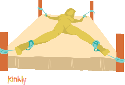 Spread Eagle Bondage Position: A person lies on a bed, flat on their back, with their wrists and ankles tied to each of the bed's four corners.