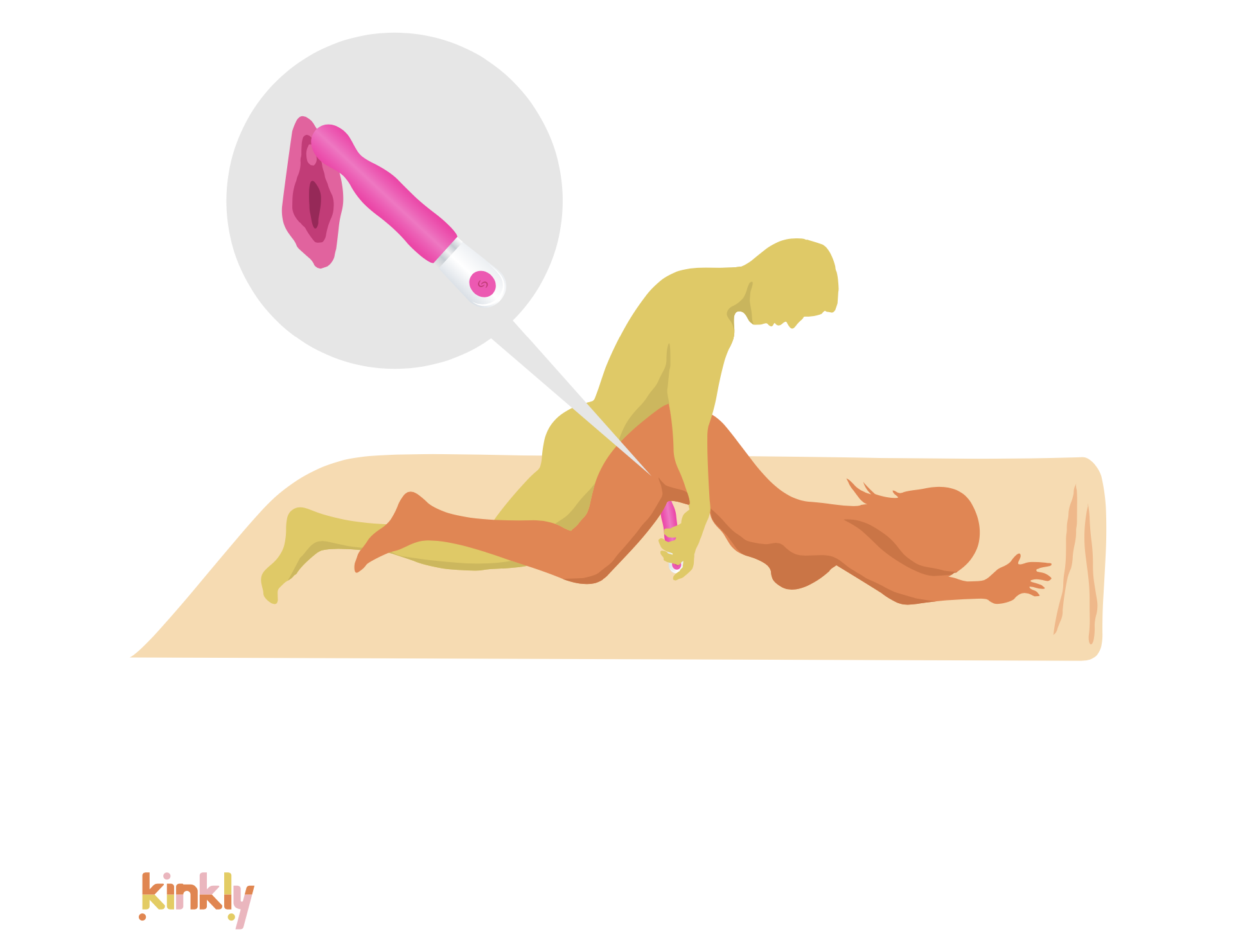 Flat Doggy Style Position. Doggy style but receiving partner is lying flat with their bum in the air. The penetrating partner holds a vibrator s in their hand, reaching around to use it on the receiving partner's clitoris.