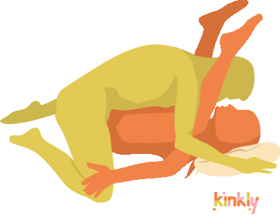 Pancake with a Pillow Position. The receptive partner is laying down on their back, bent in half, with their ankles in line with their face. They have a pillow under their head. The penetrating partner climbs on top to penetrate. 