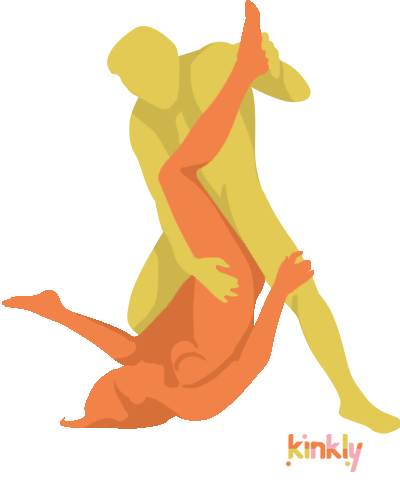 Piledrive Sex Position. Penetrating partner is standing over receiving partner, who is in a headstand with legs spread open front to back.