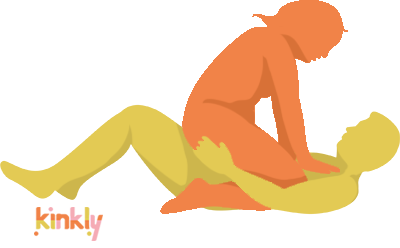 the cowgirl position - the giver lies down and the receiving partner straddles their partner and sits in a kneeling position, with their legs on either side of their partner’s hips.