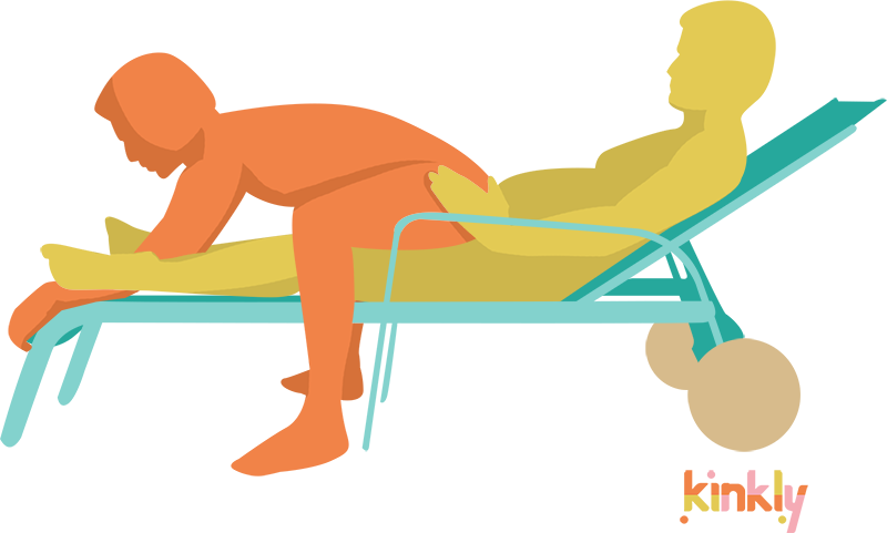 The penetrating partner is laid out on top of a long, deck lounge chair. The receiving partner squats on top of the penetrating partner's lap while leaning forward. 
