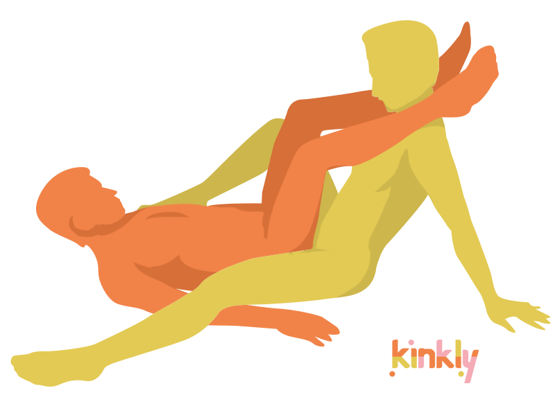 Ho Ho position. The penetrating partner is sitting on their butt, leaning backwards to support their body weight on their arms behind them. The penetrating partner is laying on their back, with their hips between the penetrating's thighs. the receiving partner's ankles are resting on the penetrating's shoulders. | Kinkly