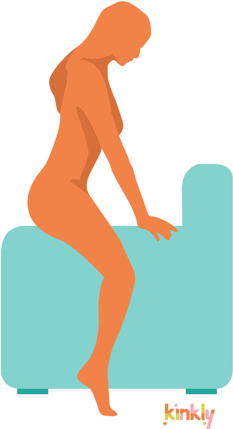 Solo Settee Session sex position. A couch is shown from the side where the viewer can only see the back and arm of the couch. A person is straddling the arm of the couch to grind against the surface of the furniture.
