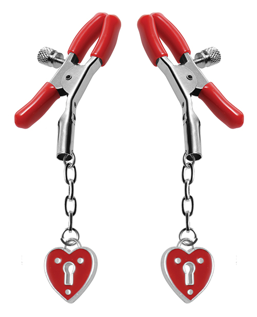 Red tipped nipple clamps with heart padlock detail hanging from them