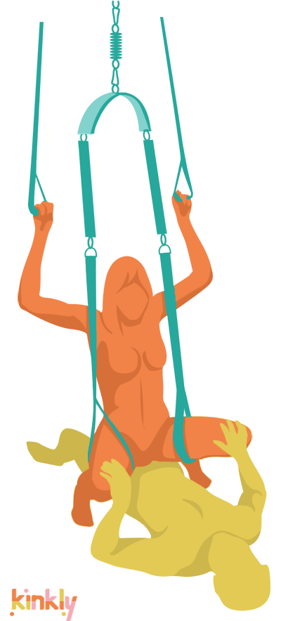 Swinging Cowgirl sex position. With the sex swing lowered near the sex surface, the penetrating partner lies down flat. The receiving partner then climbs on top like in the Cowgirl sex position while getting onto the swing. The swing provides support while on top for the receiver.