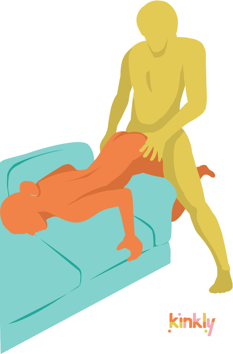 Over the Edge sex position: The receiving partner is bent over the arm of a couch with their upper boy laying on the couch cushions. The penetrating partner is straddling the receiver's raised hips for penetration.