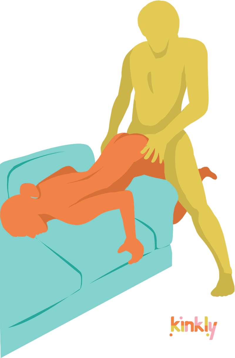 Illustration of two people having intercourse on a couch. The receiving partner is bent over the arm of the couch with their upper body resting on the couch. The penetrating partner is straddling the receiving partner's hips for intercourse. 