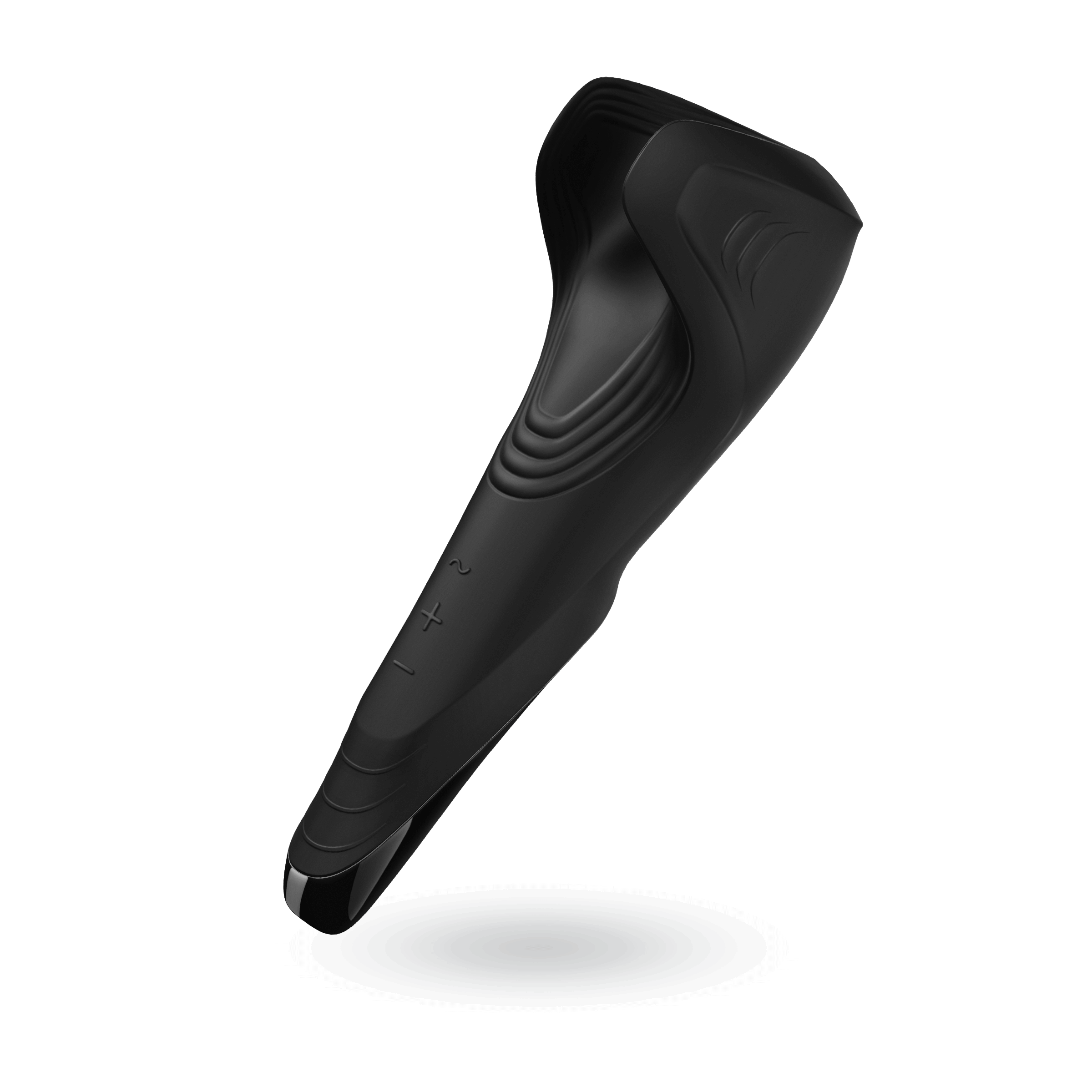 The Satisfyer Men Wand at an angle. This angled shot clearly shows off the area of interior, textured ribbing designed for penis pleasure. It also is the clearest angle showing off the three control buttons on the shaft for the vibrations. It has a Plus, Minus, and Patterns button to easily control the penis vibrator options. | Kinkly Shop