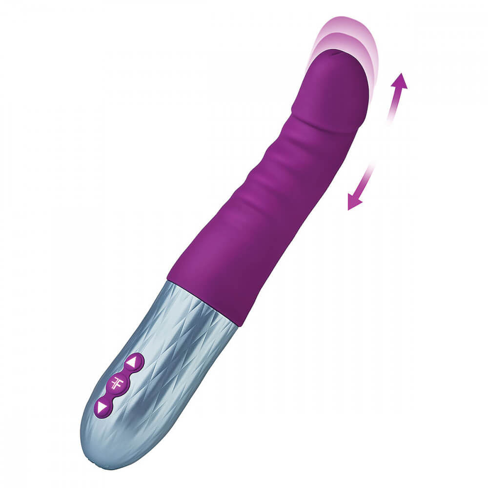 The FemmeFunn Cadenza up against a white background. Two arrows point up and down to showcase how the FemmeFunn Cadenza is a thrusting toy with a tip that thrusts itself. | Kinkly Shop