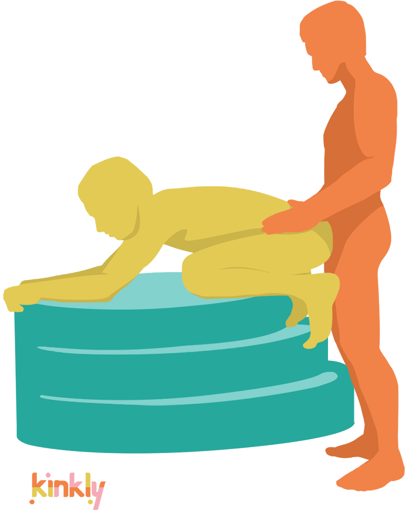 Tuck Position: The receiving partner kneels on top of a ledge, gripping the edge of the surface for leverage. The penetrating partner stands behind them for penetration.