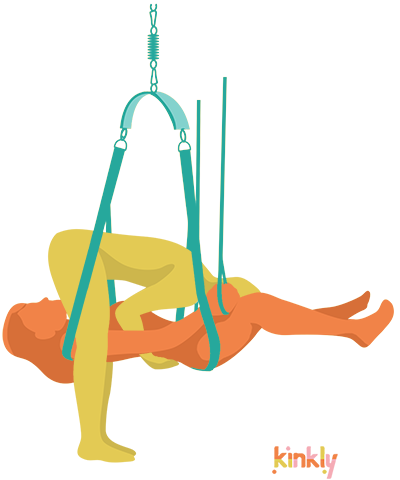 Sex Swing 69 Sex Position. One partner is laying down flat in the air with the help of the sex swing. The other partner stands while straddling the lying partner's shoulders. This partner then bends at the waist to place their head between the suspended person's legs.