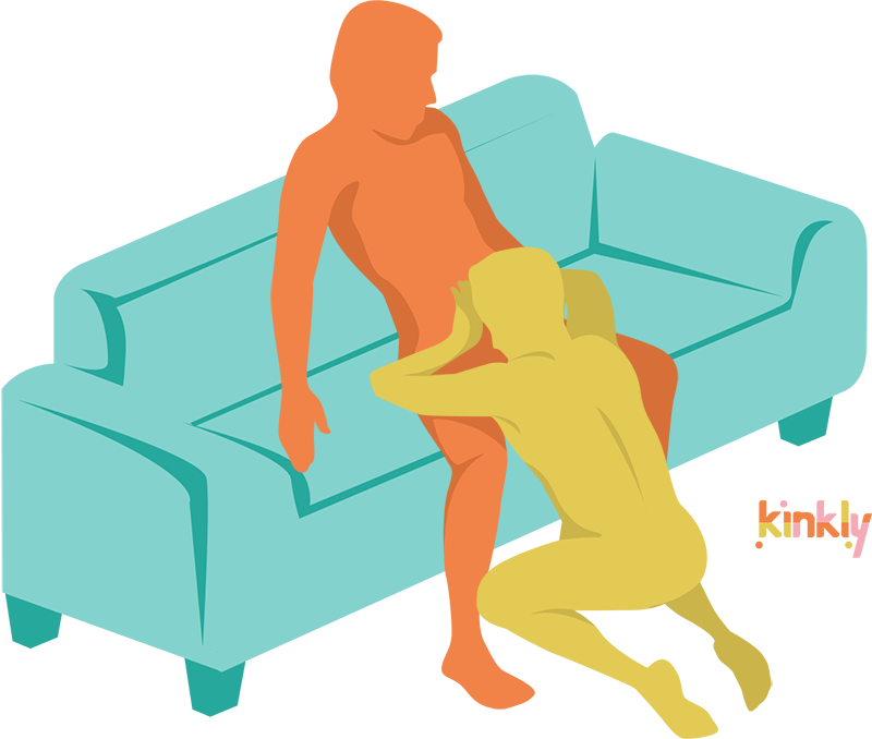 Soft Oral Sex Position. The receiving partner sits comfortably on a couch/sofa. The giving partner knees at their feet, in front of the couch, and leans forward to give oral sex.