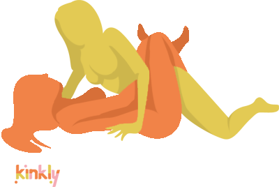 Lesbian Reverse Missionary Position. One person is lying down with their partner lies on top of them between their legs. The image shows the bottom partner's legs wrapped around the top's hips. 