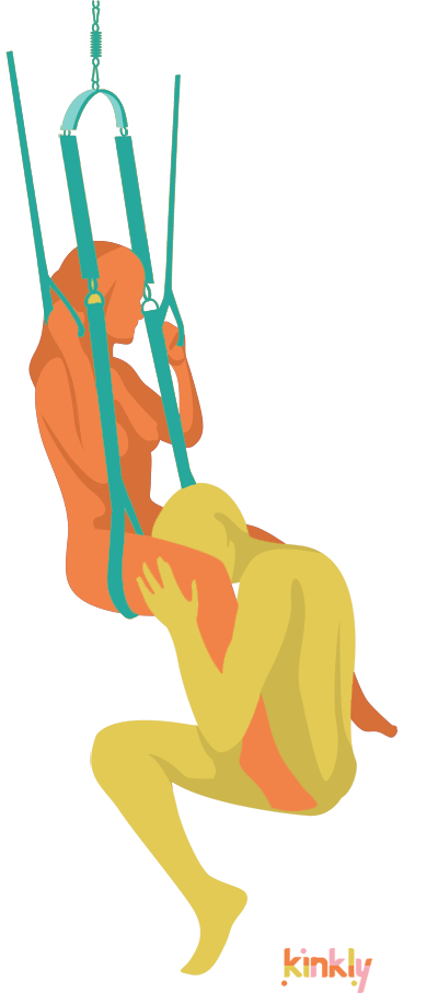 Airborne Oral Sex Position. The receiving partner sits on a sex swing with their legs spread. Sitting on a stool in front of the suspended person, the giver puts their head between the receiver's thighs to provide comfortable oral sex.