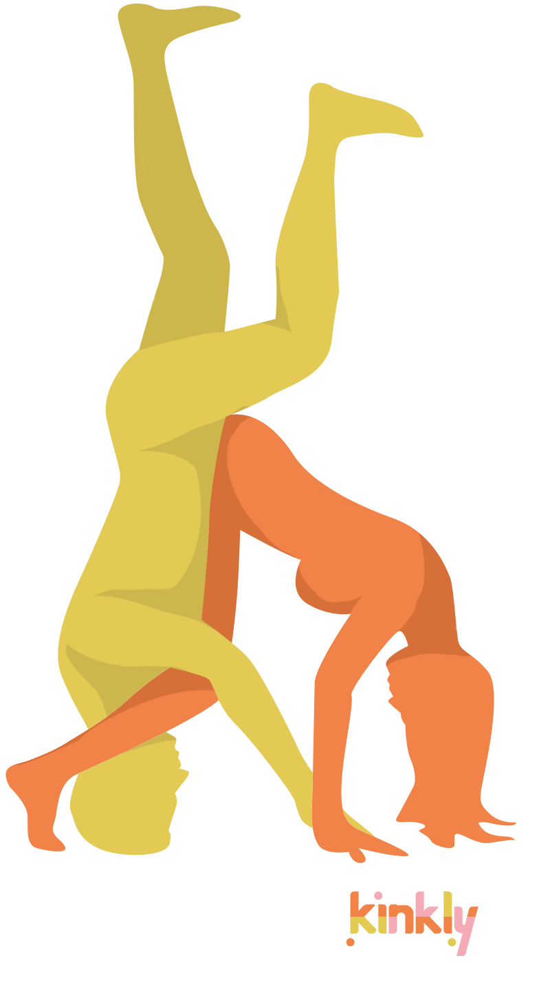 diagram of the cartwheel sex position - the giver stands on their head, appearing as if about to do a cartwheel. The receiver bends over in front of their partner, allowing them to insert their penis