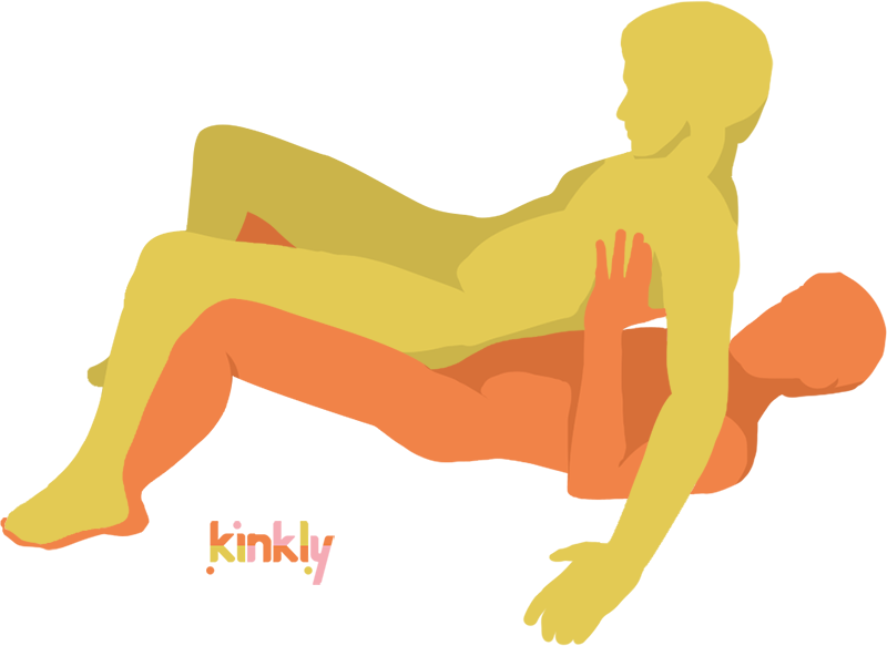 Lofted Drive sex position. The penetrating partner is laying on their back with their feet flat on the ground and a bend in the knees. The receiving partner is laying on top, facing the ceiling, in the exact same position with all of their weight resting on their partner.
