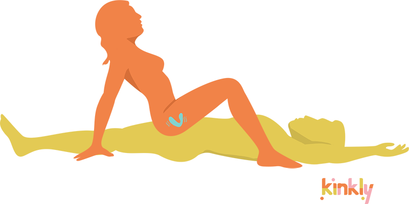 Extended Cowgirl Sex Position. The penetrating partner lays flat. The receiving partner sits on top of the penis and lays backwards while extending their legs towards the penetrating partner's armpits for a more comfortable position.