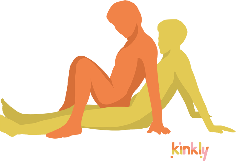 Leg Thrust sex position. The penetrating partner sits down with their legs flat out in front of them. The receiving partner sits on their lap, facing away from their partner, while the receiver uses their hands and legs to power thrusting. 