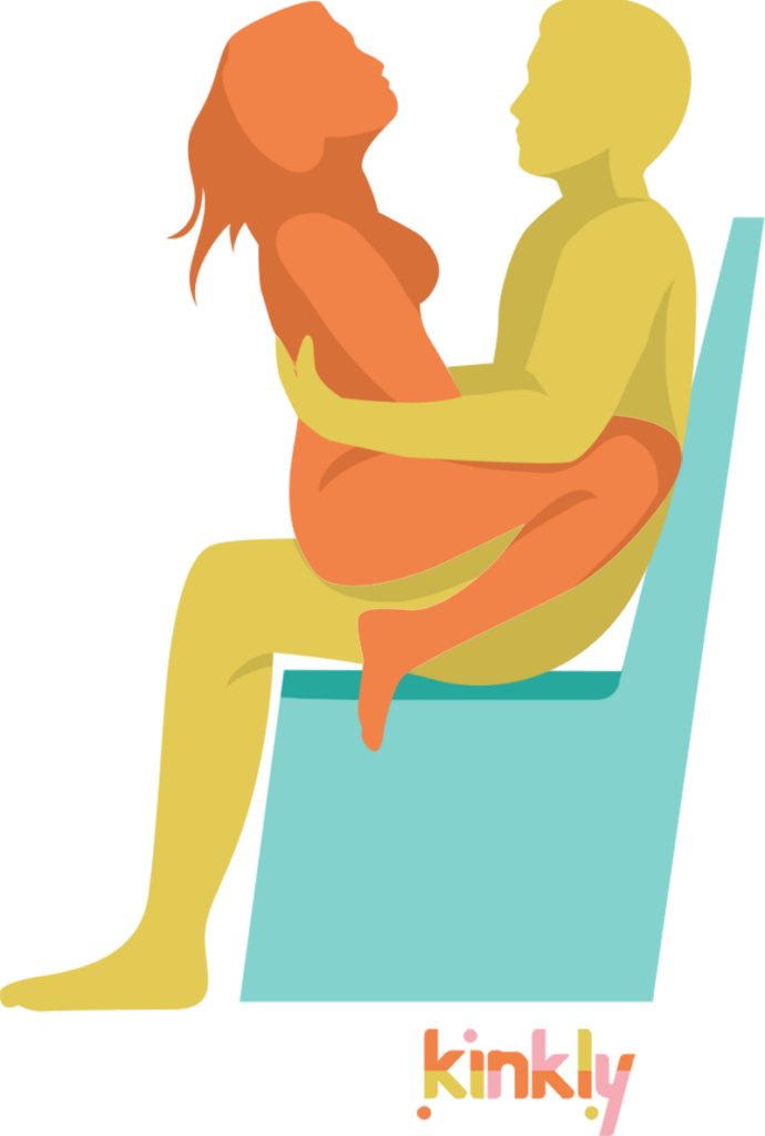 Love Seat sex position. The penetrating partner is sitting down on a sturdy chair. The receiving partner climbs on top, straddling their lap, facing the penetrating partner's body. The penetrating partner wraps their arms around the receiver's upper body to help anchor them in place. | Kinkly