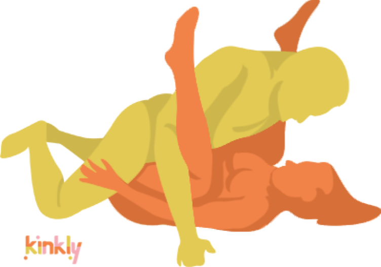Eagle Position. The receiving partner is laying on their back with their knees pulled back to their shoulders. The penetrating partner is laying on top, looking into the receiving partner's eyes, using their bodyweight to keep the receiving partner's legs in place. | Kinkly