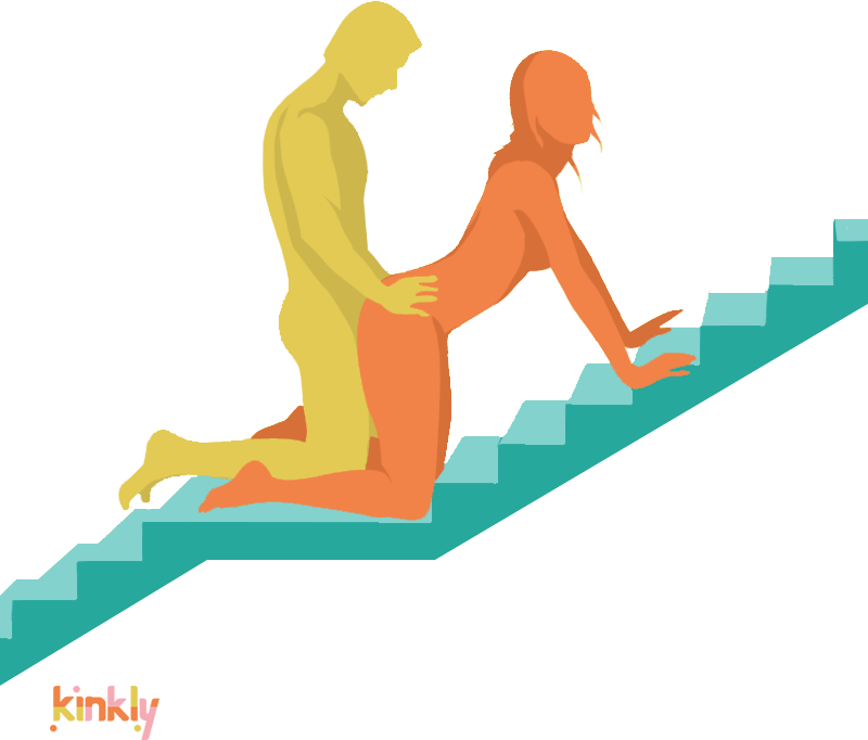 Stairway to Heaven sex position. The receiving partner is on their hands and knees with their knees on the floor with their hands braced a few steps up on a stairwell. The penetrating partner is kneeling behind the receiver for penetration like in doggy style position.