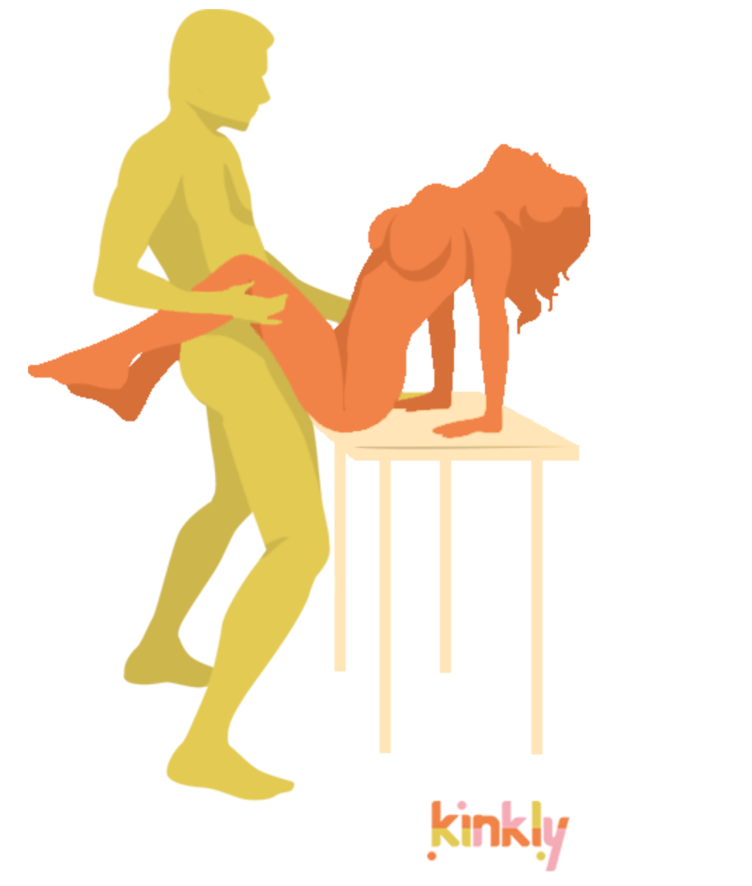 Tabletop position: The receiving partner sits on the edge of an elevated surface, like a table, supporting themselves with their hands. The penetrating partner stands in-between the receiving partner's legs, facing them, and penetrates them.