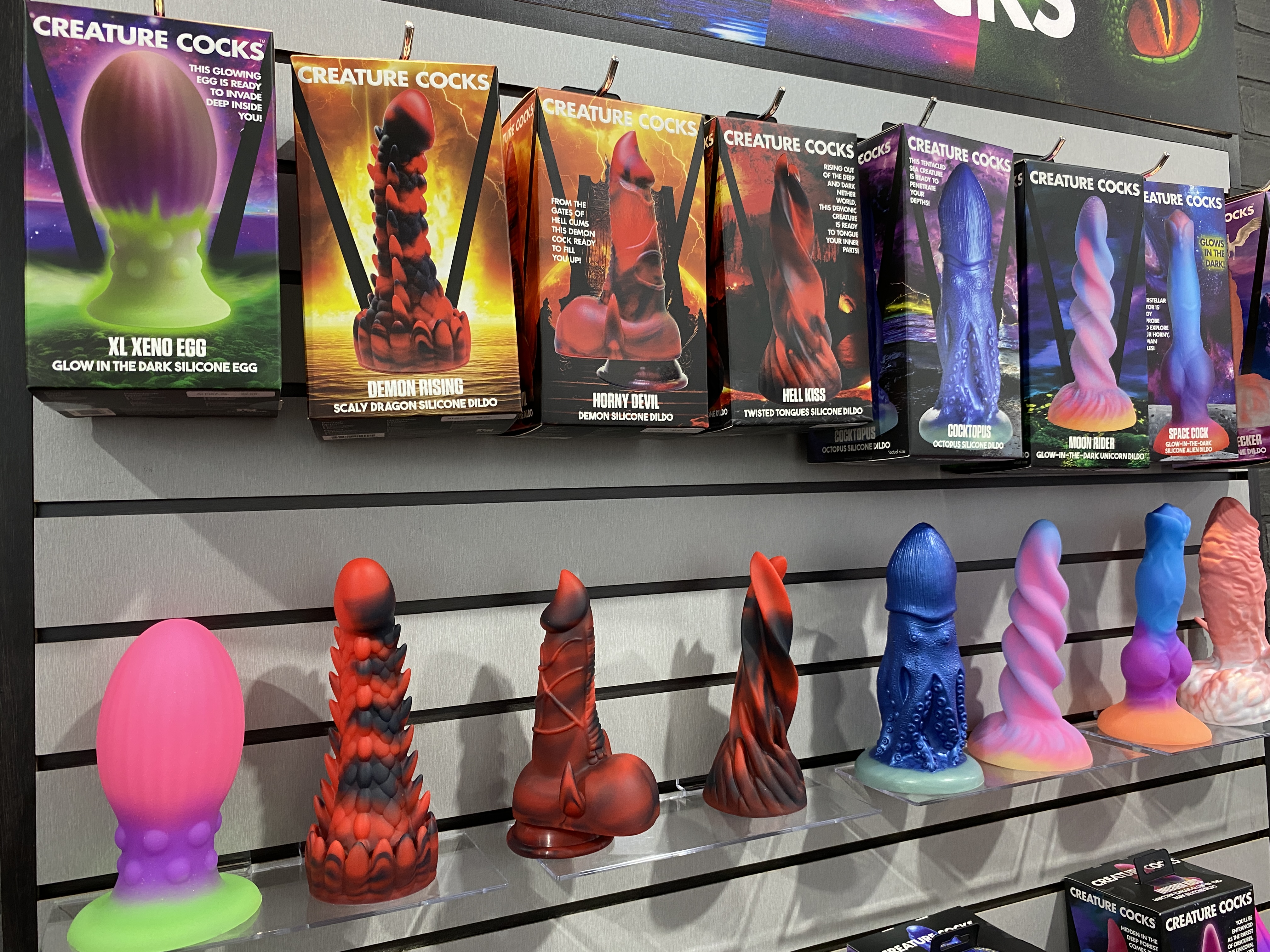 A line of fantasy dildos from XR Brands Creature Cocks collection displayed at ANME