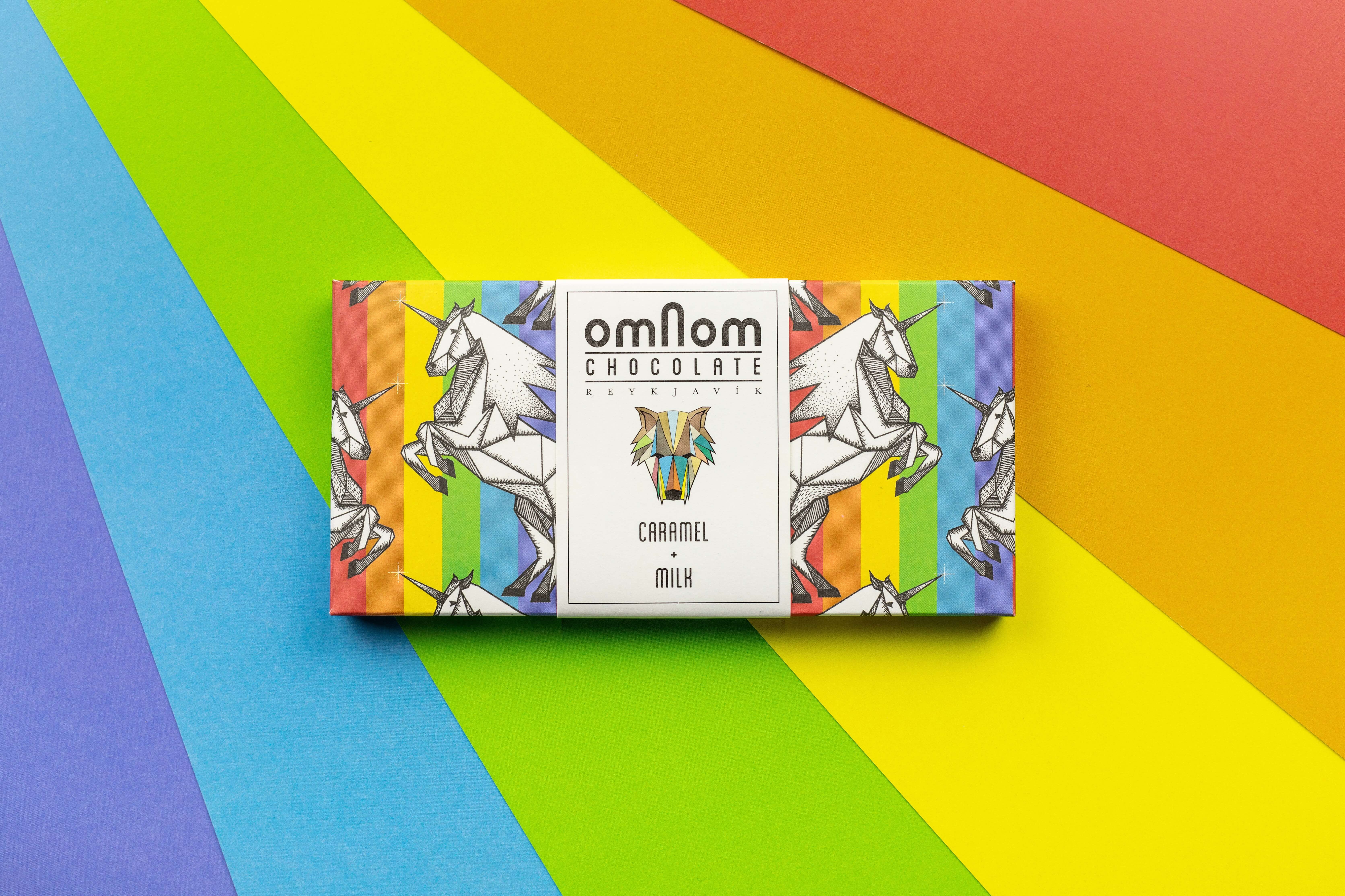 Omnom Caramel + Milk Pride Bar chocolate candy bar with rainbows and unicorns