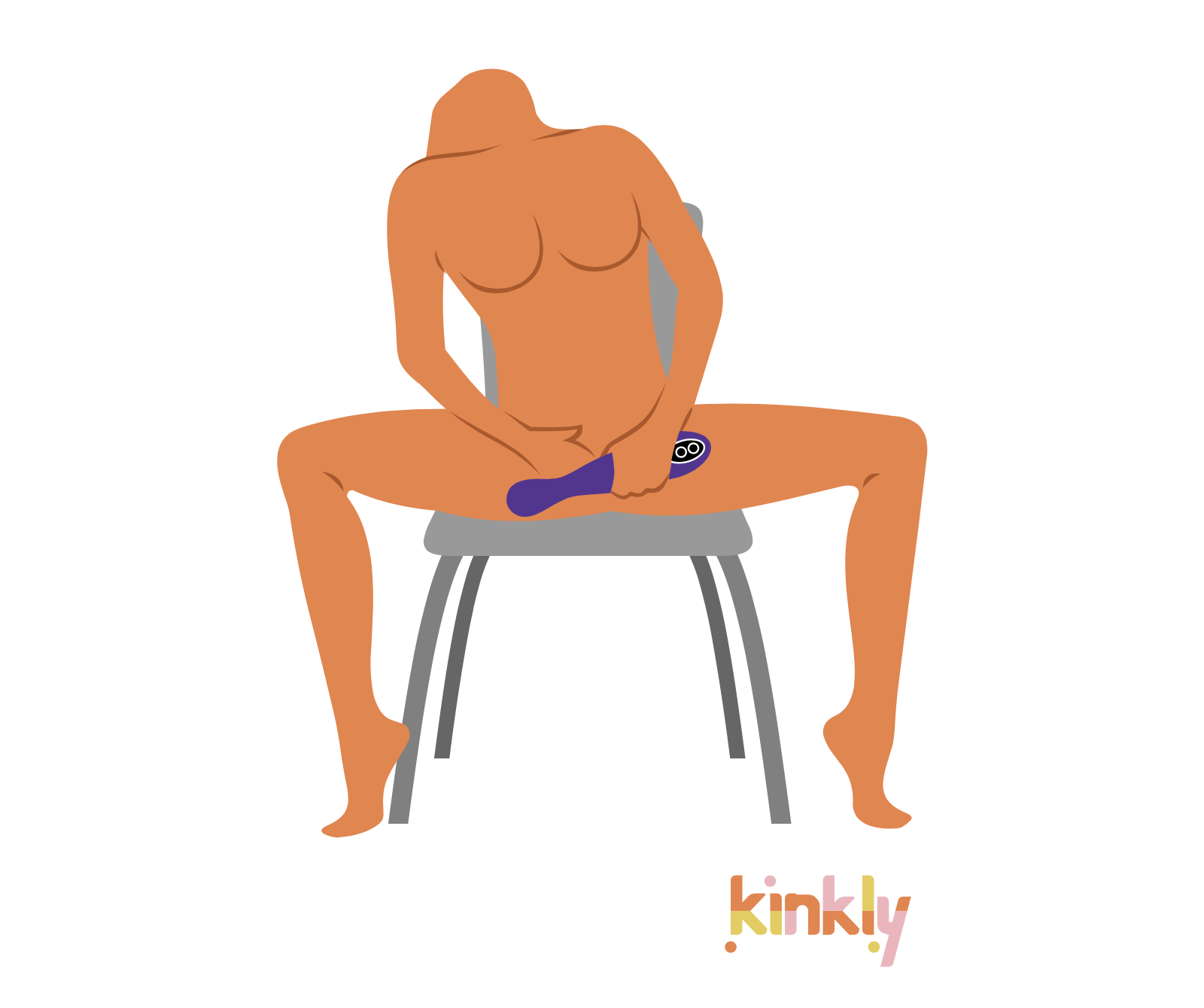 Illustrated sex position for the Your Royal Highness position. A person sits on a chair. Their legs are very widely spread, and they're holding a purple vibrator in their hand.