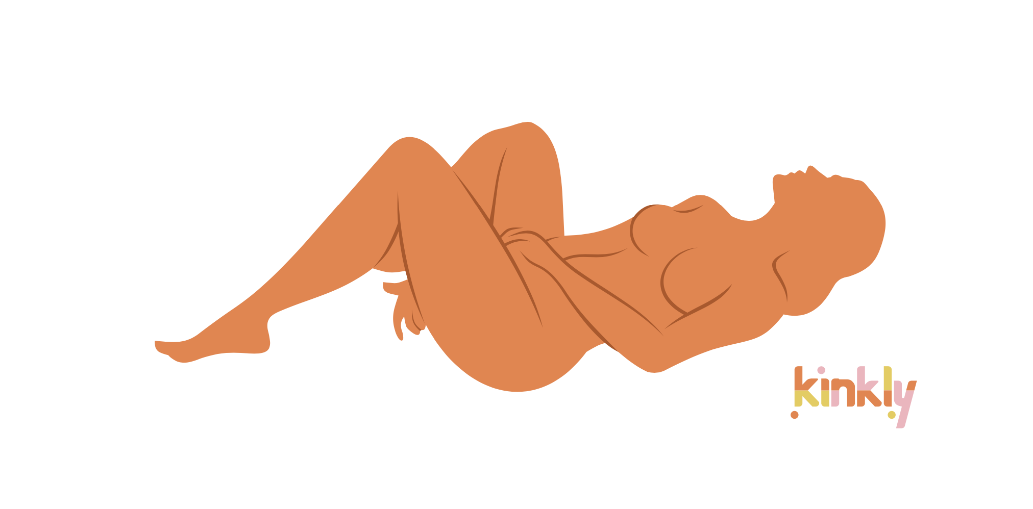 Illustrated sex position for the Legs in the Air position. A person lays on their back with their hands positioned between their thighs. Their knees are pulled up towards the ceiling while their feet are still on the bed.