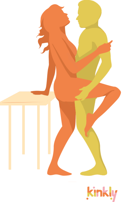 diagram of the dancer sex position - both partners stand and the giver supports the receiver's bent leg 