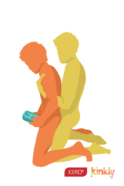Hooked In Sex Position. Both partners are kneeling with the penetrating partner behind the receiving partner. The penetrating partner wraps their arms under the receiver's armpits to pull them in for deeper penetration during sex. 