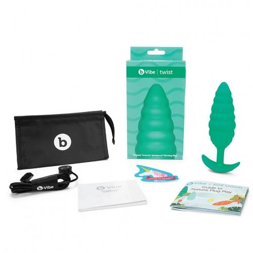 b-Vibe Twist Textured Plug with box, charging cable, travel bag and guide to anal play