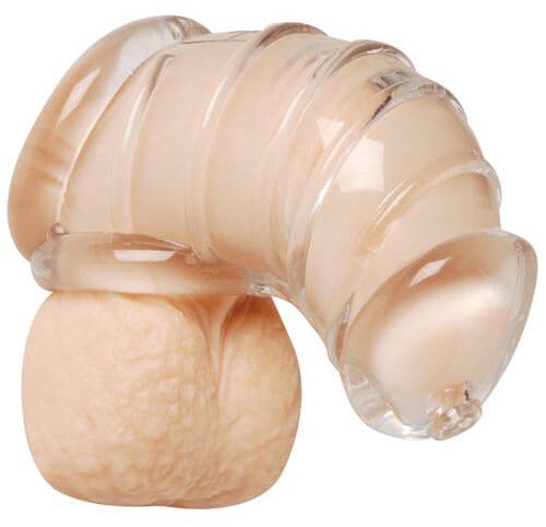 Master Series Detained Soft Chastity Cage wrapped around a packer dildo to show how it fits on a penis. | Kinkly Shop