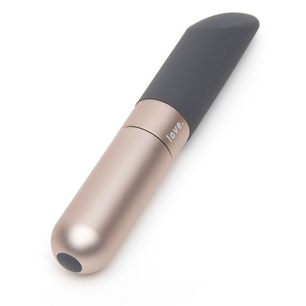 The Love. Not War. Amore.: A bullet vibrator with one gold metallic end and one gray silver end with a tapered ending.
