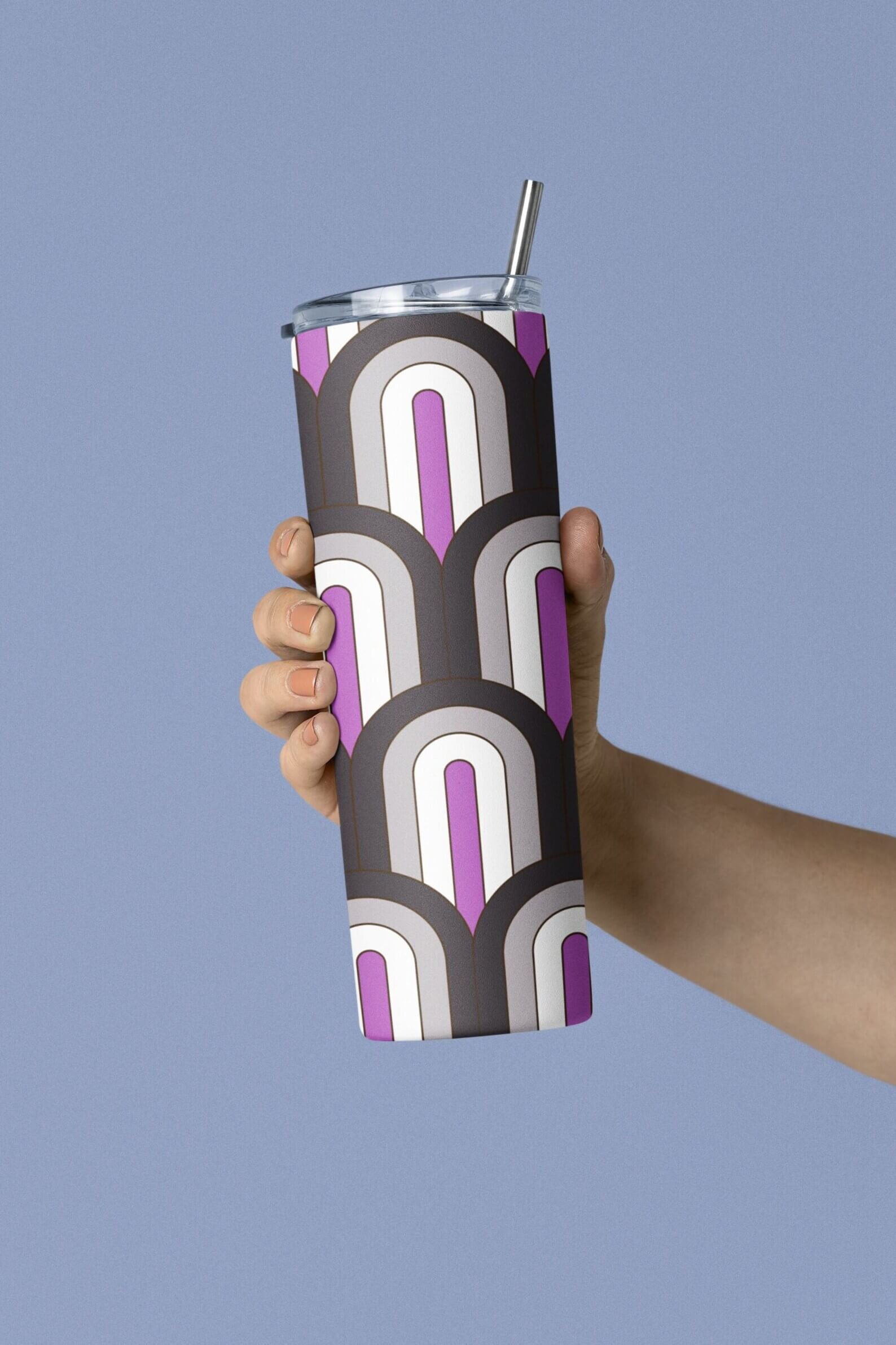 A drink tumbler in the colors of the asexual flag