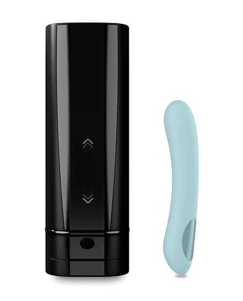 KIIROO Pearl2+ vibrator leaning up against the KIIROO Onyx+ penis stroker sleeve | Kinkly Shop