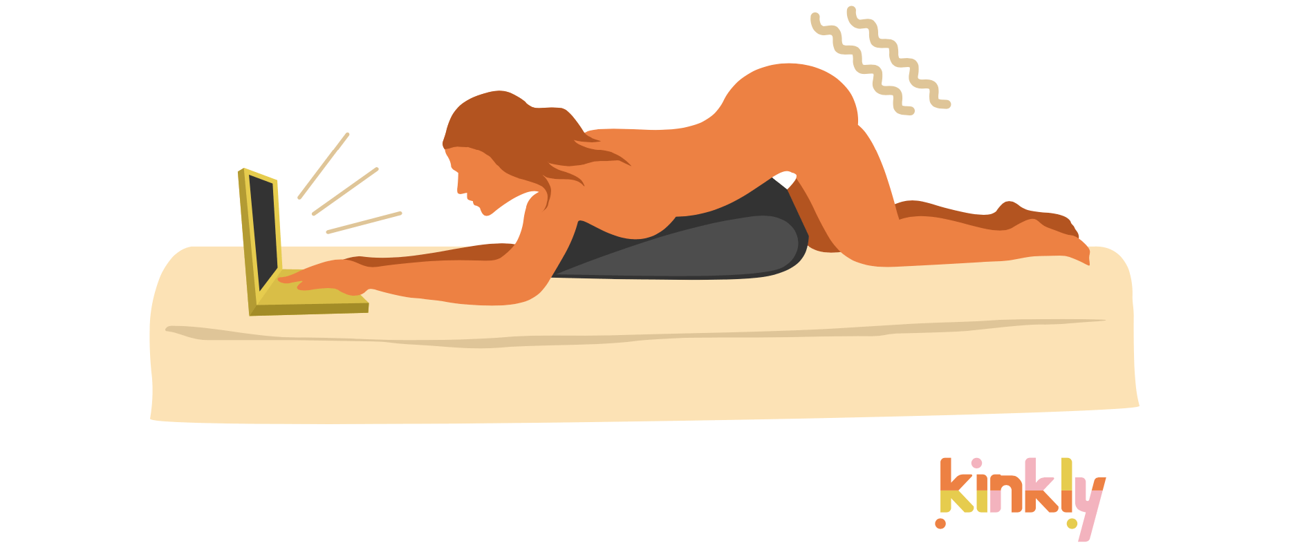 A solo person is laying down on their stomach. A triangular piece of sex furniture is propped underneath them, holding a vibrator between their thighs. The person uses their laptop with both hands as the sex furniture is holding the vibrator in place for them..