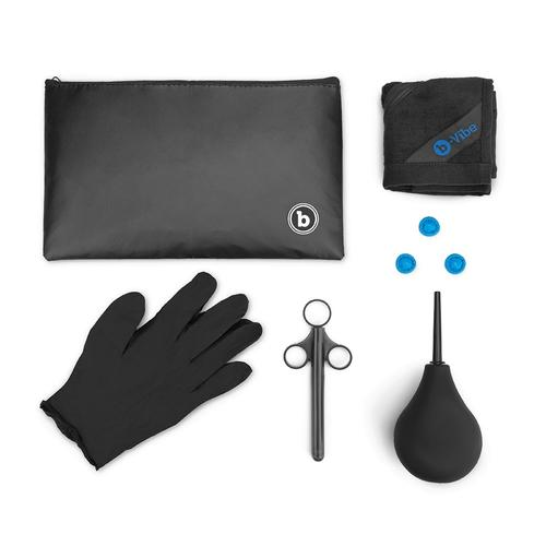 b-Vibe Anal Massage Set: storage pouch, gloves, finger condoms, enema bulb, lube shooter, washcloth
