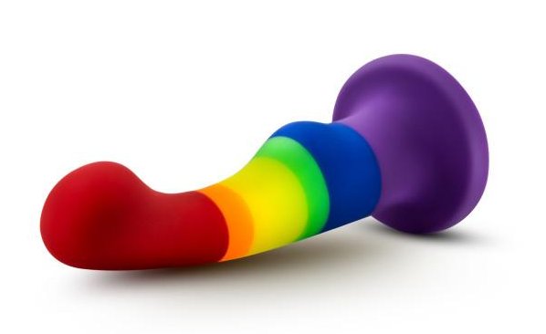 The Blush Avant Pride P1: A silicone dildo with a red head, orange, yellow, green and blue stripes down the shaft and a purple base.