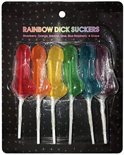 A package of rainbow colored, penis-shaped lollipops