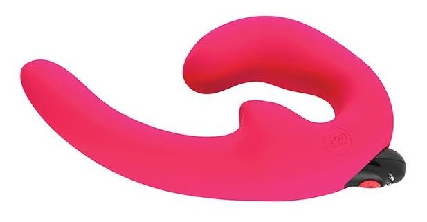 The Fun Factory ShareVibe: A pink double-ended dildo with a short end designed for vaginal penetration and a longer end designed for penetrating the wearer's partner.