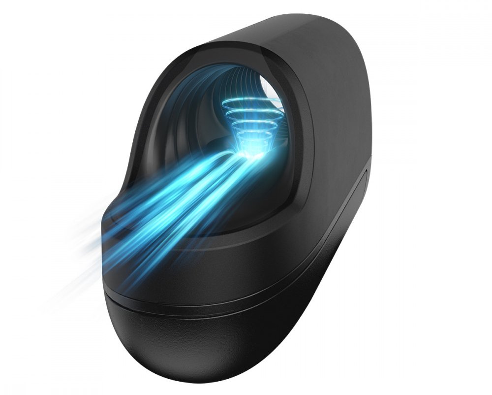 The Arcwave Ion: A black penis masturbation sleeve with beams of blue light emanating from its opening to indicate air suction power.