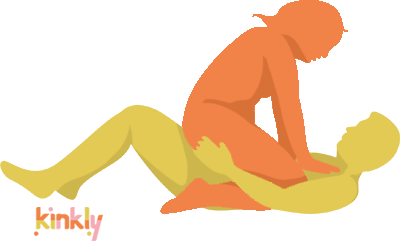 The cowgirl position: the giver lies down and the receiving partner straddles their partner and sits in a kneeling position, with their legs on either side of their partner’s hips.