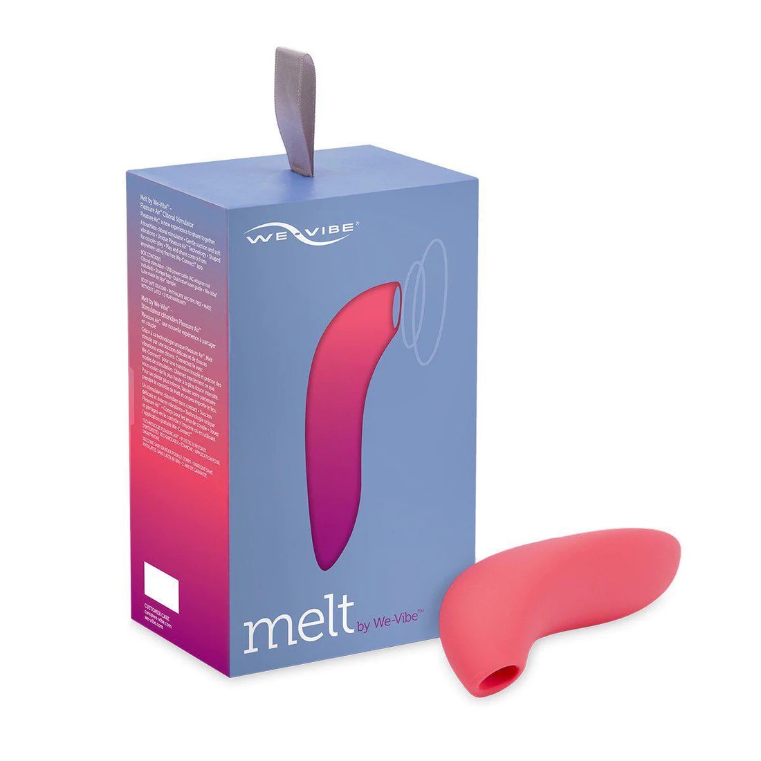 The We-Vibe Melt: A blue-gray box with a gray handle on top sits next to a pink suction vibrator. The vibrator features a short thin handle and a wide head with a circular suction cup for clitoral stimulation.