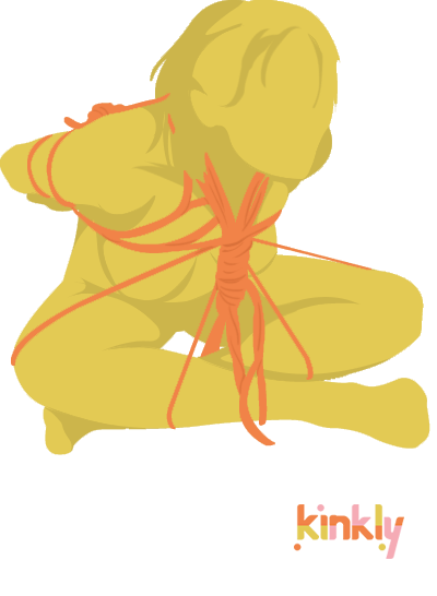 Shrimp Tie Bondage Position. A person is bent over, sitting with their legs crossed, while rope connects their neck to their ankles. This rope is pulled tight to force the bound person into a deep bend. 