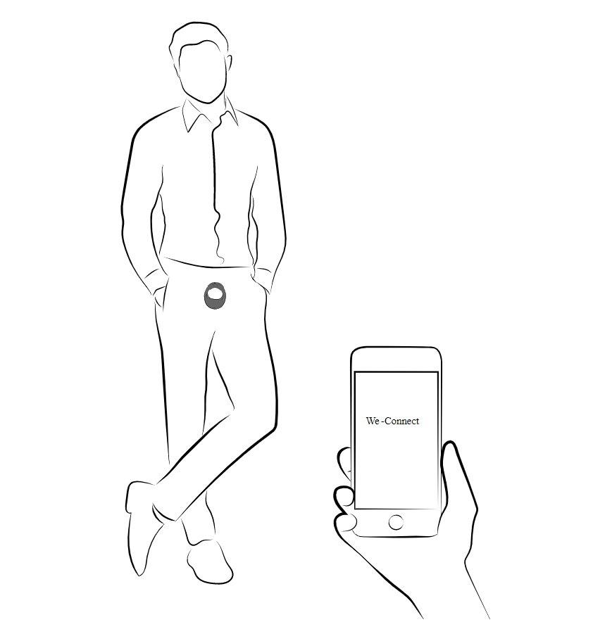 We-Vibe Bond illustration that shows a penis-owner casually standing in their clothes. An X-ray design shows the We-Vibe Bond wrapped around the penis and testicles under their clothing. In the foreground, a person is holding a cell phone that displays the We-Vibe WeConnect app to control the penis vibrator. 