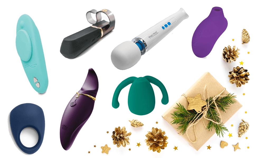 collection of vibrators with wrapped gift and gold pine cones